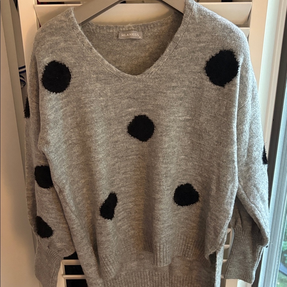 Gray V-Neck Sweater with Black Polka Dots